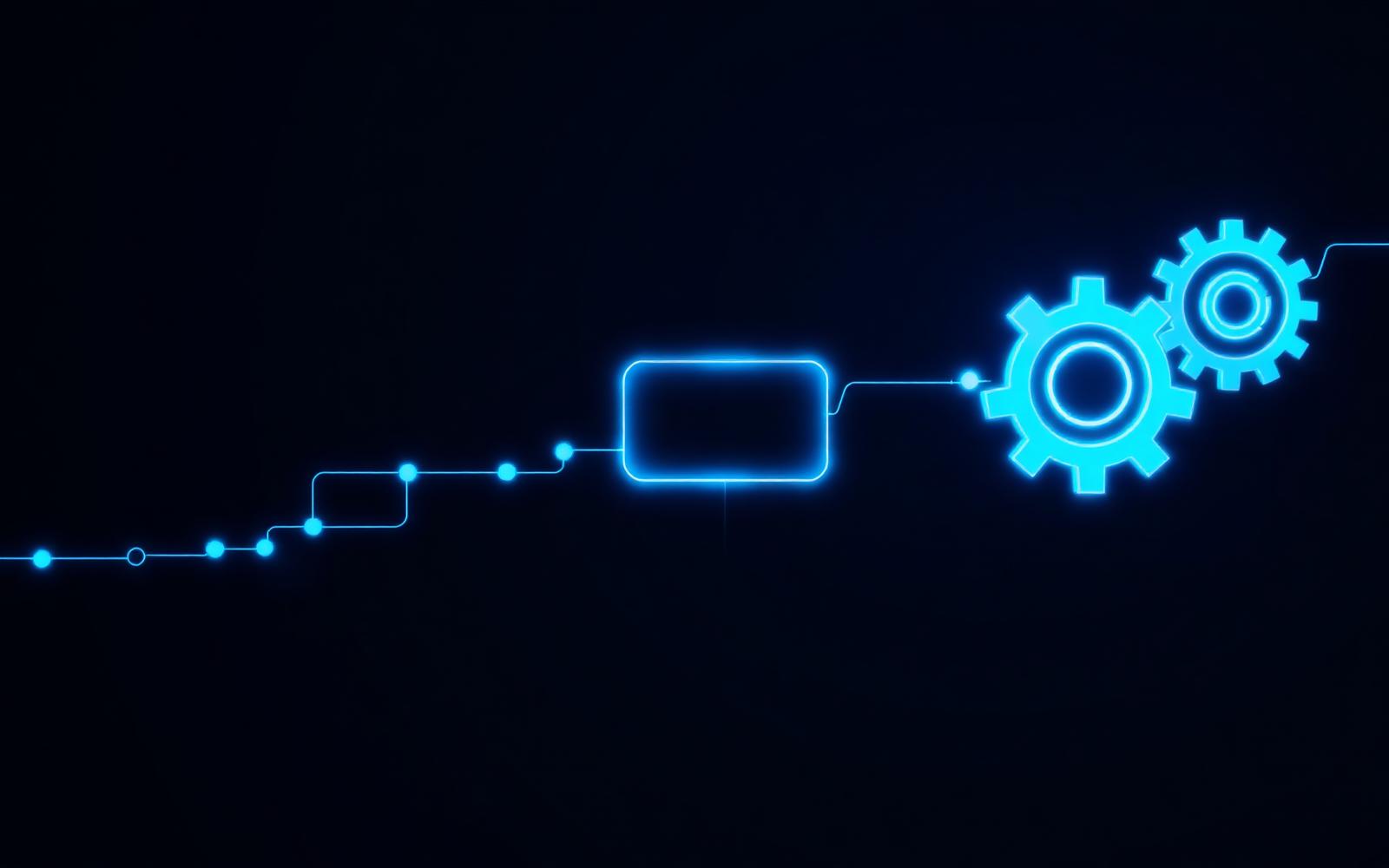 Abstract blue flowchart and gear graphic representing automated business processes