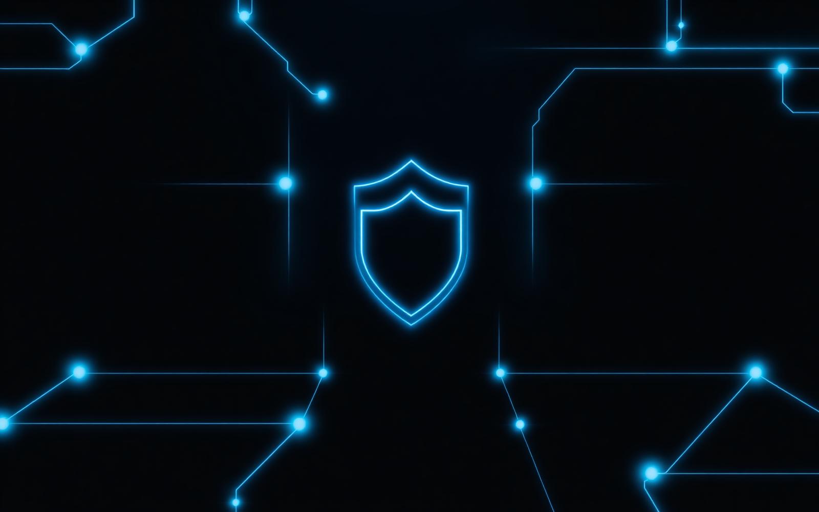Abstract blue shield outline on a circuit-like dark background representing software security